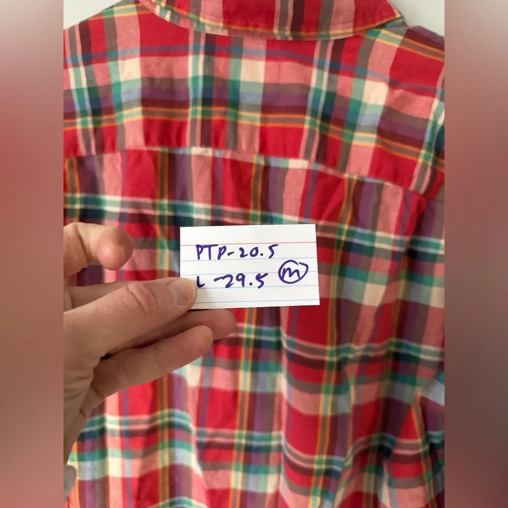 J. Crew Summer Plaid Cotton Button Down Shirt Casual Red Green Size M
